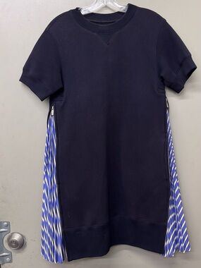 Sacai Mini Dress Women Size 2 Navy Blue Cotton Contrast Zip Side Sweatshirt